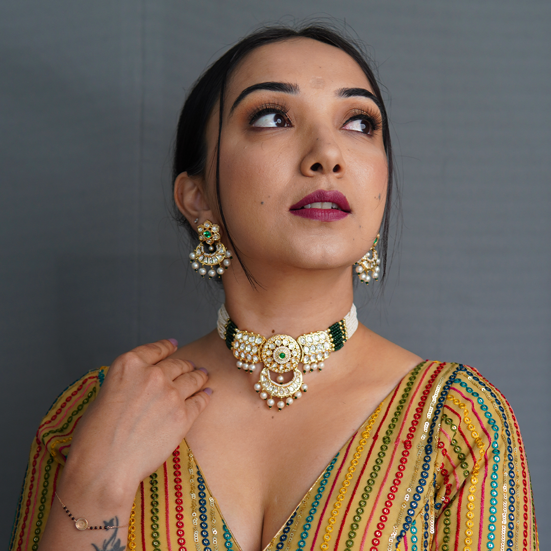 Green Emerald Polki Kundan set-Mivanaa